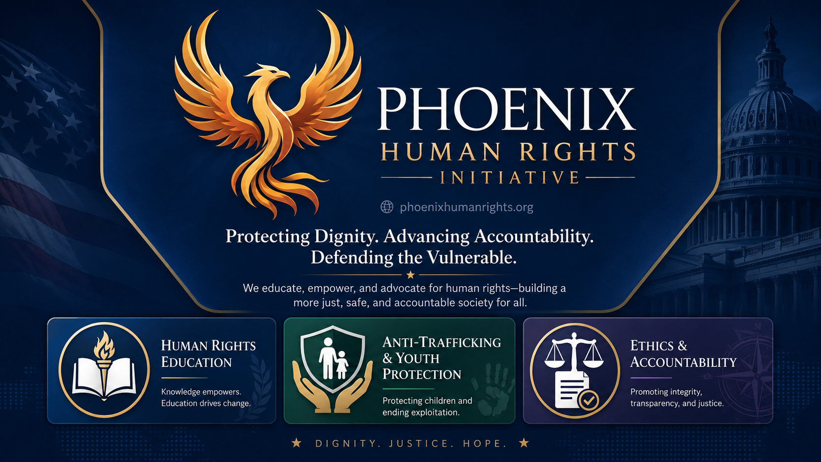 Phoenix Human Rights Initiative hero banner with education, protection, and accountability mission areas
